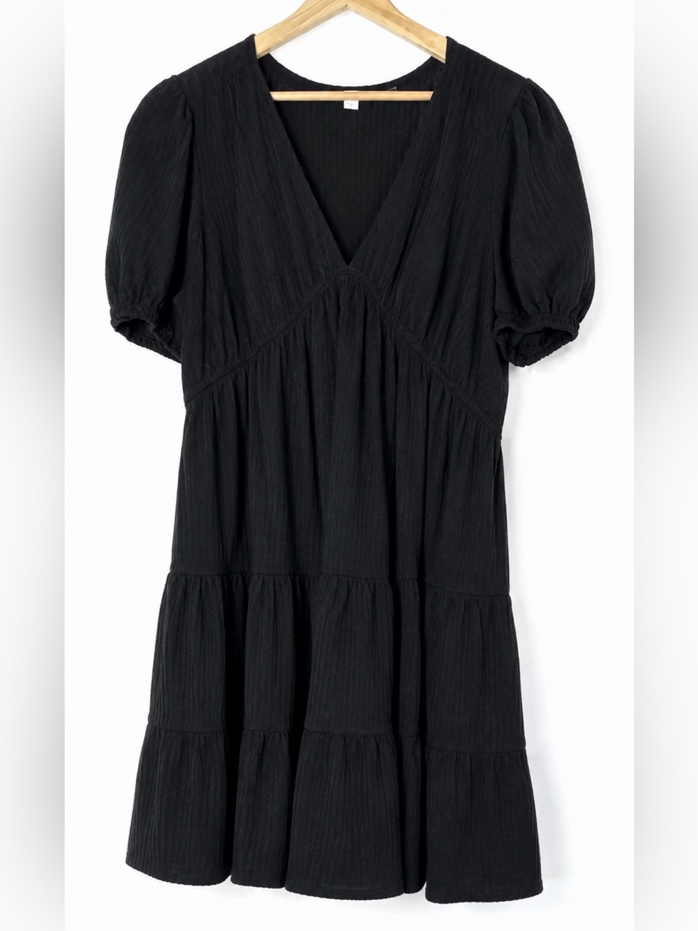 Boden Black 100% Cotton Tiered Mini Dress Puff Sleeve V Neck Relaxed US 12R